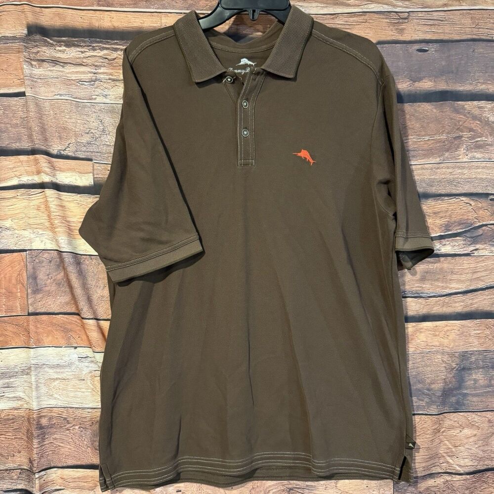Tommy Bahama Mens Large Polo Shirt Brown Supima Cotton Blend Marlin Accent Large